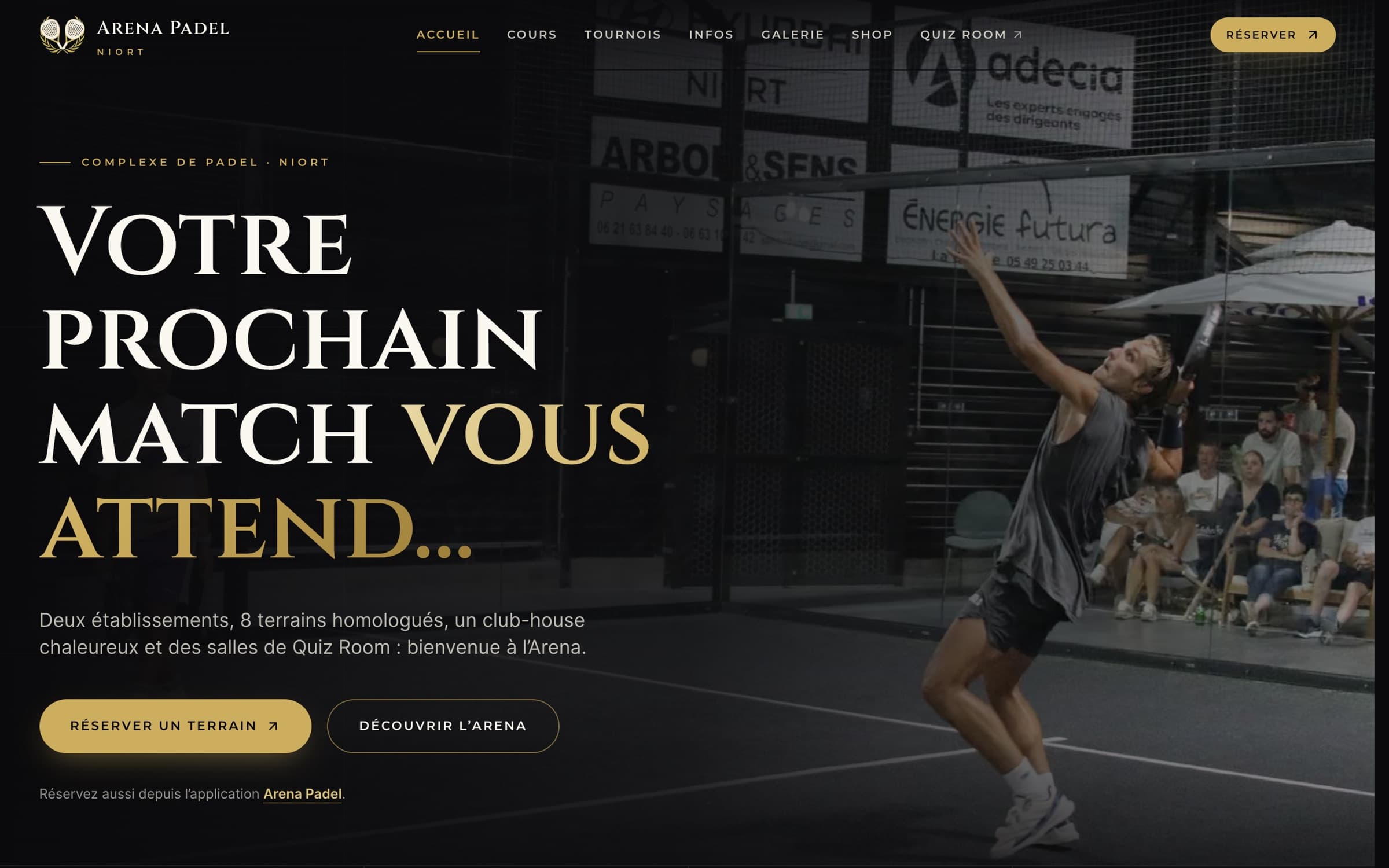 Page d’accueil du site Arena Padel Niort, réalisé par Elouan Boisseau