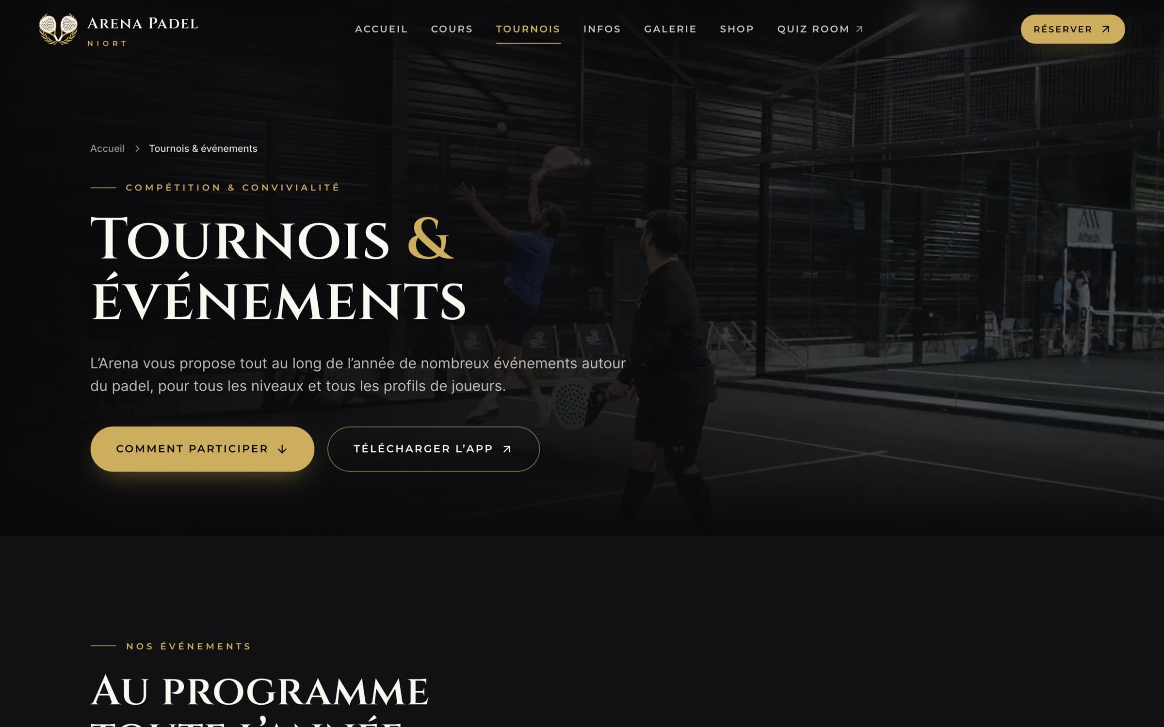 Page « Tournois & événements » : titre et boutons « Comment participer » et « Télécharger l’app »
